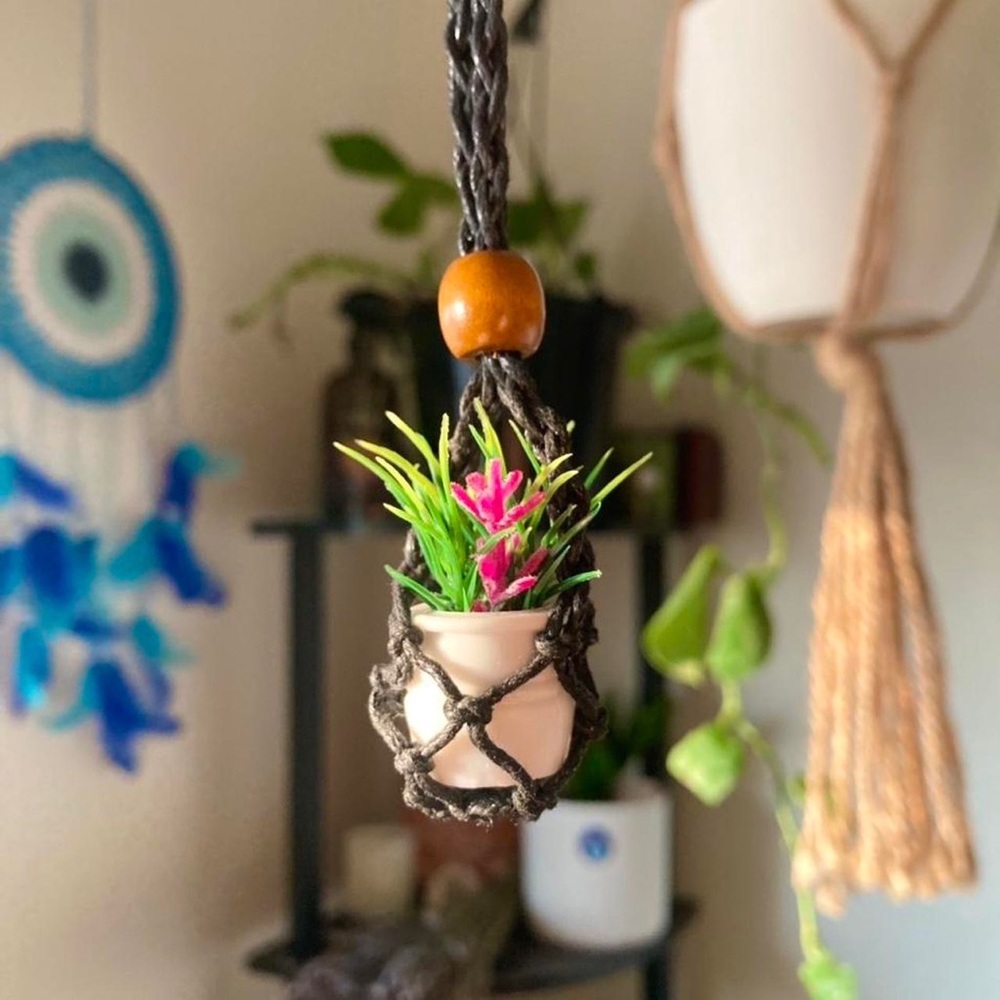 Macrame pink floral green plant holder hanger mini fake plant choker necklace